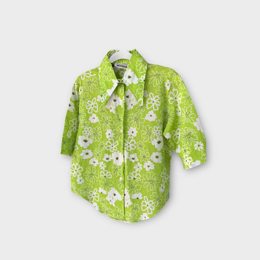 Camisa verde  con flores blancas “permanent press” 70’s