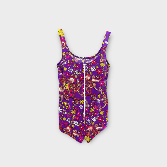 Traje de baño morado con flores de colores “Sirena” 70’s